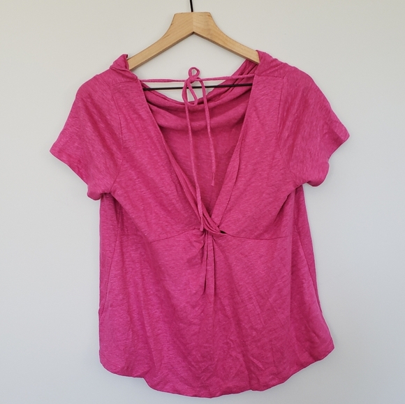 Anthropologie Maeve Pink Linen Top Sz Small Cowlneck Open Back Barbie - Picture 4 of 7